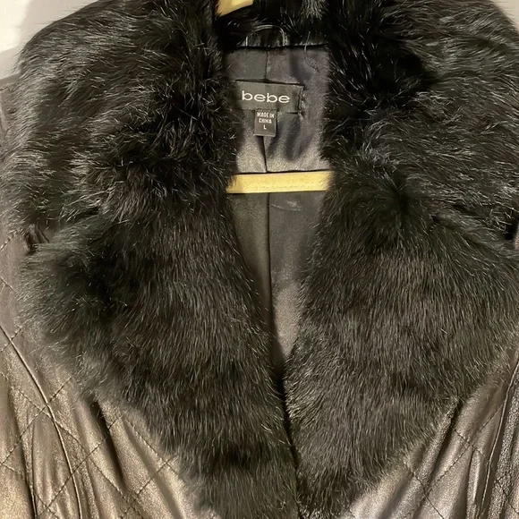 BEBE 100% Leather & Rabbit Fur Fully Lined Midi Coat